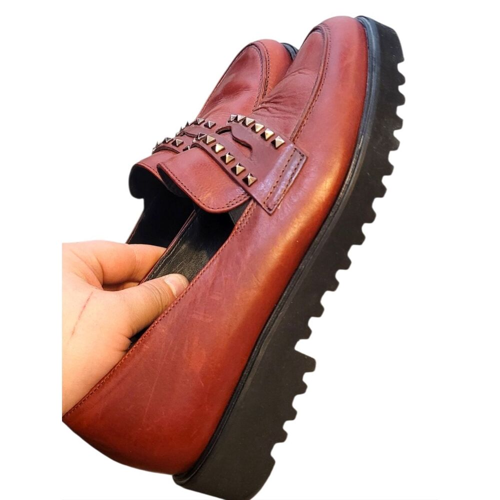 Paul Green Red Leather Stud-Accent Slip-On Chunky Loafers Size 4.5/US 7 - Picture 3 of 7